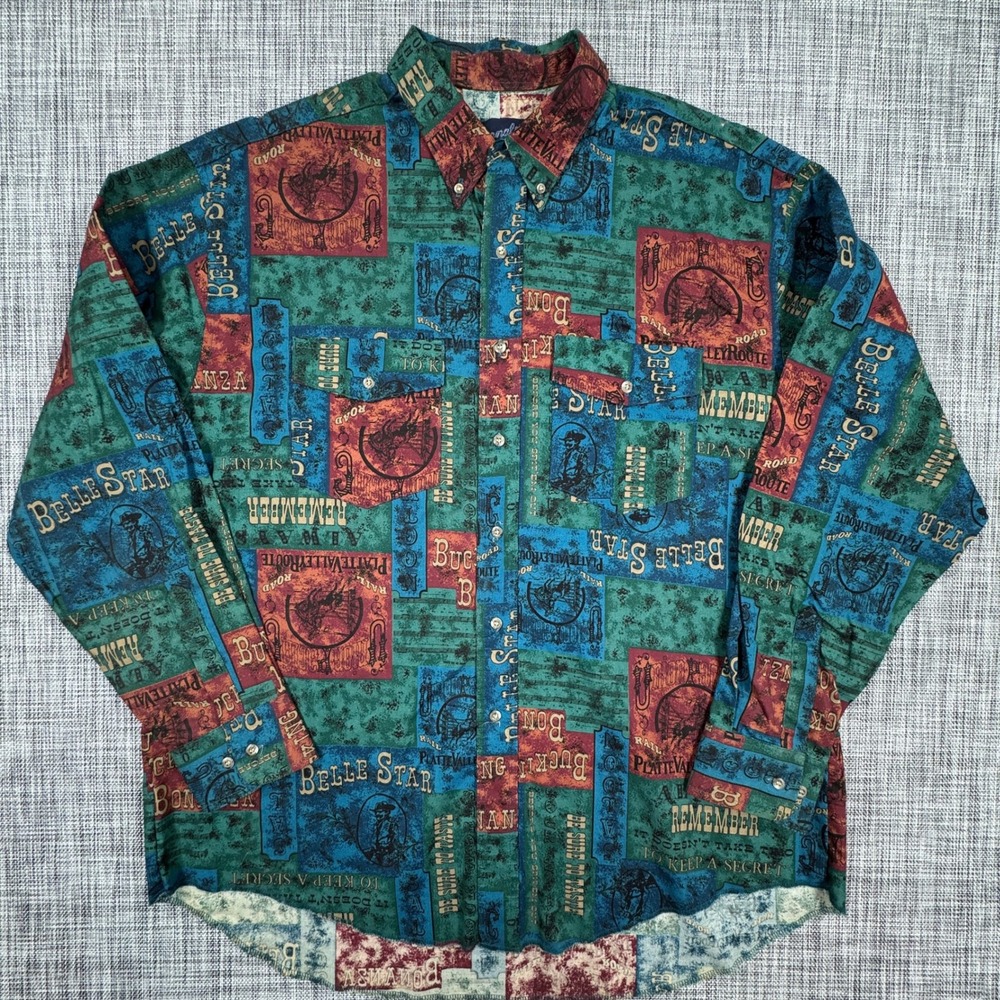Wrangler Western Shirt Mens 17x35 Multicolor Cowboy Rodeo Print Cotton Button
